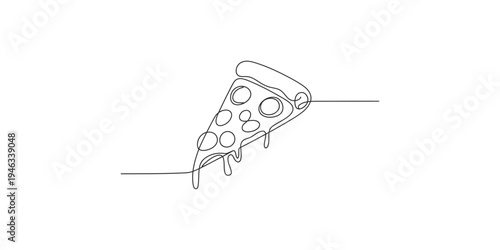 Continuous line drawing of a melting cheese pizza slice on a plate
