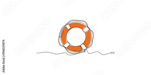 Continuous line drawing of an orange life preserver ring with rope on white background