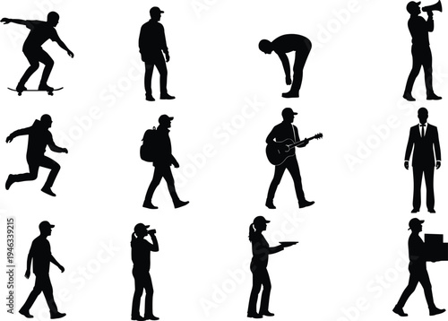 Large set of people vector silhouettes featuring skateboarder guitarist businessman delivery worker and various people walking or standing for urban life and community design