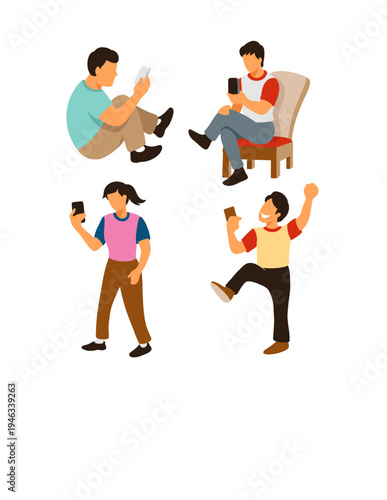 Man and woman using smartphone activity in social media flat design illustration