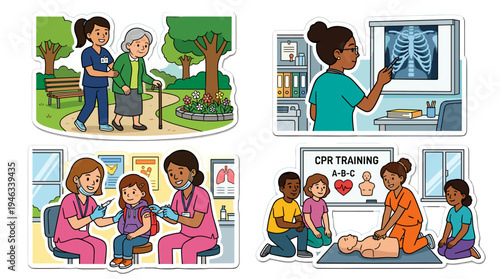 A collection of health and medical supplies including a band-aid, medicine bottles, a face mask, and tissues, depicted as cartoon stickers.