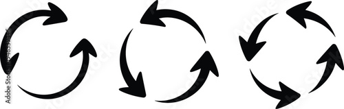 Circular refresh and recycle arrow vector icon set, black hand drawn rotation symbols for eco sustainability design