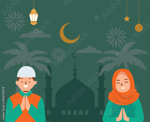 Muslim couple in Islamic attire with greeting gesture. template hari raya idul fitri