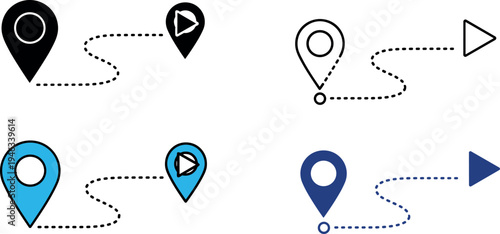 Set of map pin location icons with dotted route lines and destination pointers for navigation travel logistics and delivery tracking