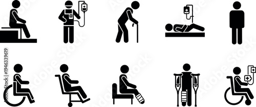 Set of medical icons depicting disabled people, patients in hospital, wheelchair users, and injured individuals for healthcare and accessibility 