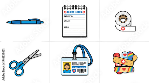A grid of six colorful icons depicting essential nursing and medical supplies, including a pen, notepad, tape, scissors, ID badge, and band-aids.
