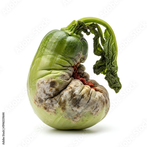Rotten Green Bell Pepper with Mold and Wilting Leaves.