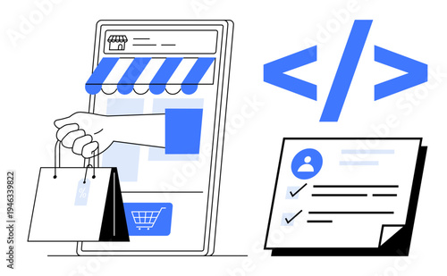 Hand holding shopping bags in front of a mobile storefront, large coding brackets, checklist. Ideal for e-commerce, online services, programming, user experience, technology, retail education