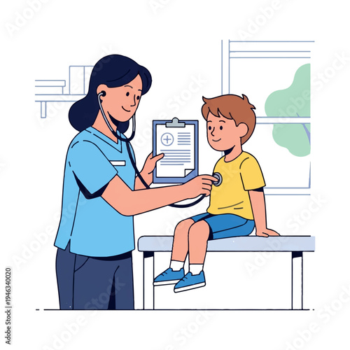 A female doctor showing a clipboard to a young boy sitting on an examination table in a doctor's office with a stethoscope around her neck.