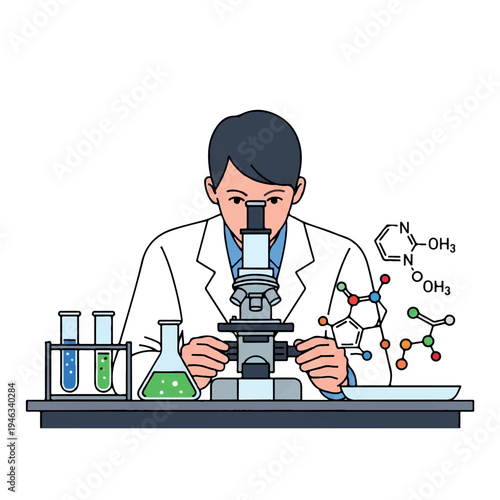 Illustration of a scientist examining a sample through a microscope with test tubes and molecular structures on a laboratory table.