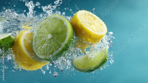 Fresh Citrus Fruits Splashing in Clear Water Against Blue Background