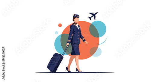 Professional flight attendant in a navy uniform walks with her suitcase as airplane silhouettes fly across a colorful abstract circular background.
