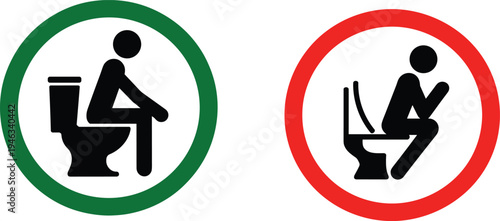 Correct and incorrect toilet sitting posture icons, bathroom hygiene guide illustration, healthy defecation position versus wrong posture vector infographic symbol comparison concept