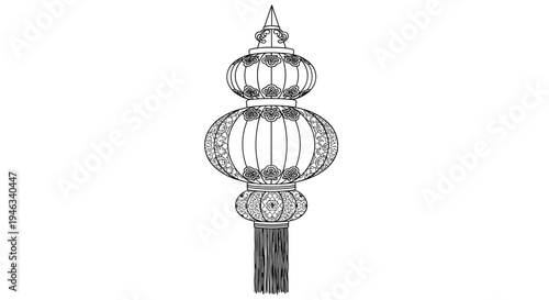 Intricate black and white line art of a traditional hanging lantern features decorative patterns and long tassels, representing cultural celebration.