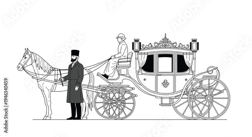 Elegant line drawing of a traditional royal horse drawn carriage features an intricate design with a driver and an attendant standing by the horse.