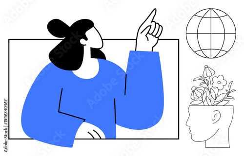 Woman gesturing upward conveys innovation. Globe and flowers symbolize global thinking, creativity, and growth. Ideal for creativity, education, mentorship, innovation, self-improvement
