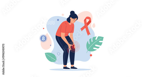 Concerned woman suffers from knee joint pain while health symbols like a red awareness ribbon and medical icons appear in the abstract background.