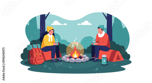 Couple relaxes by a warm campfire in a beautiful forest clearing while drinking hot beverages from mugs during their cozy evening camping trip.