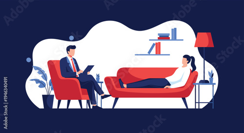 Professional psychologist conducts a therapy session with a female patient relaxing on a red sofa in a comfortable office with plants and books.