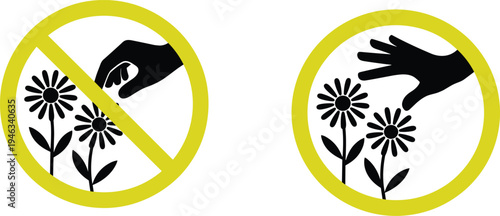 Do not pick flowers sign and allowed touching symbol, garden protection rule icon, nature conservation warning vector illustration