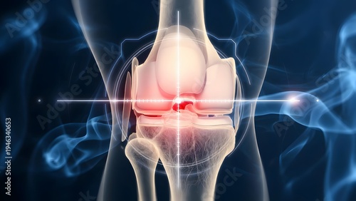 Frontal view of knee joint inflammation and cartilage wear. Radiology diagnostic and rheumatology medical care. Human knee skeletal structure with glowing red pain center