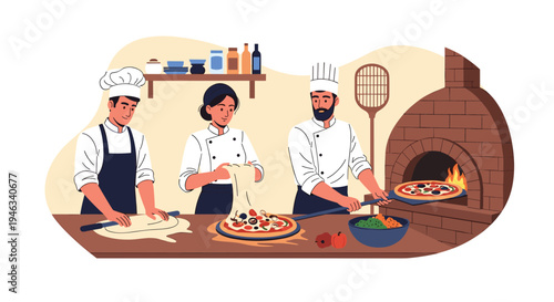 Skilled chefs work in a professional pizzeria kitchen to stretch dough, add toppings, and bake fresh pizzas in a traditional brick wood fire oven.
