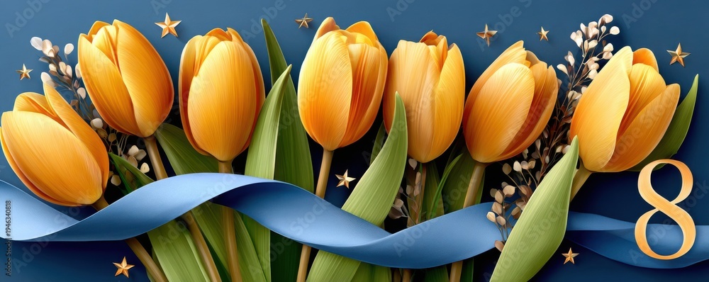 Obraz premium Yellow tulips with blue ribbon and golden stars forming the number 8 for Women's Day celebration