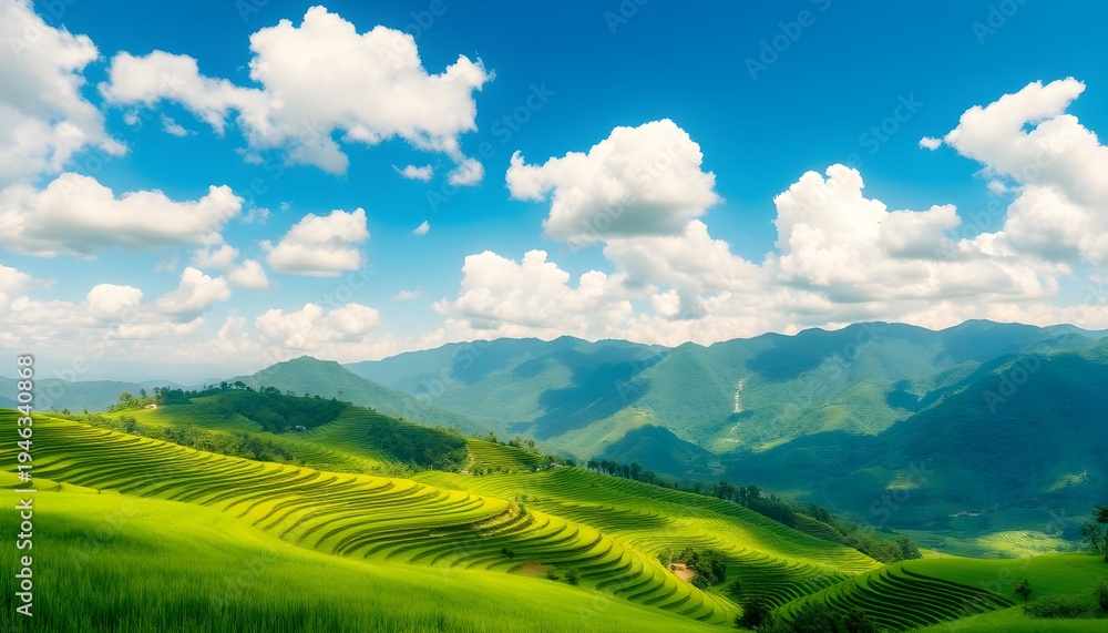 Obraz premium Green terraced fields stretch towards majestic mountains under a bright blue sky with fluffy white clouds.