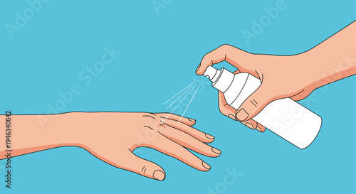 Close up illustration of hands using a white medicinal spray bottle to treat a small wound on another persons skin.