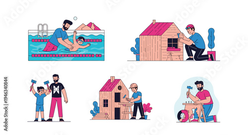 Collection of scenes showing father and son bonding through swimming, building a wooden playhouse, and woodworking activities together.