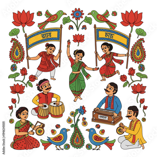 People celebrate Bengali New Year with traditional dance and music surrounded by flowers and birds.