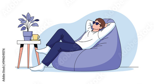 Young man wearing sunglasses relaxing comfortably in a large purple beanbag chair in a minimalist living room setting.