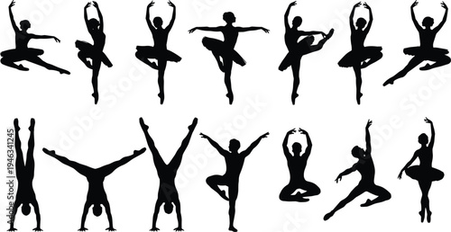 Silhouettes of fifteen ballet dancers in elegant poses including pirouettes, arabesques, and jumps, symbolizing grace, strength, flexibility, classical dance art, and performance