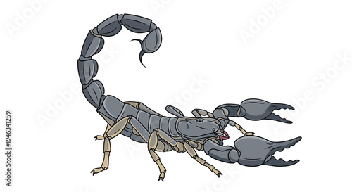 Detailed illustration of a black scorpion in a defensive posture with its tail raised and claws open.