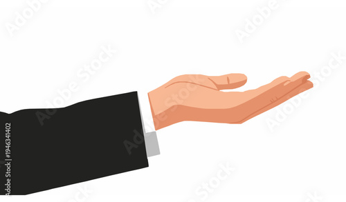 Stylized vector hand and arm in black suit jacket presenting concept with clean white background