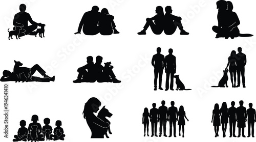 Silhouettes of families, couples, and children interacting with dogs in affectionate and playful scenes, symbolizing companionship, loyalty, joy, and human‑animal bond illustration