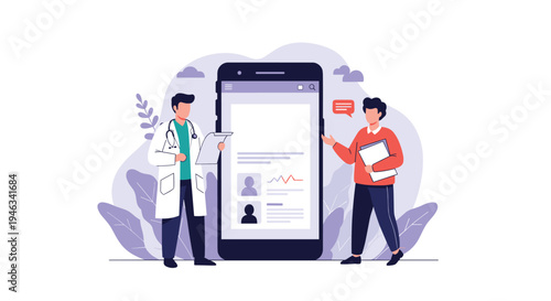 Healthcare professional and patient standing next to a large smartphone screen displaying medical information and data.