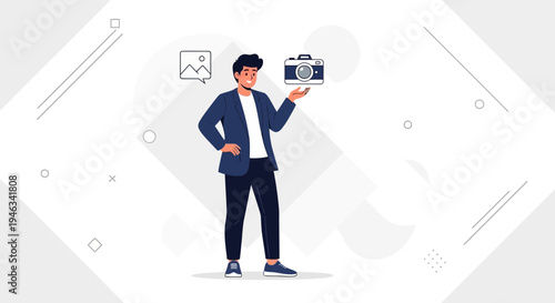 Man holding a camera and image icon, representing photography and content creation