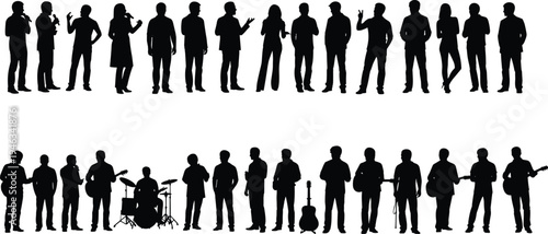 Silhouettes of performers and musicians with microphones and instruments including drums, guitar, and bass, symbolizing entertainment, music, performance, and artistic expression illustration design