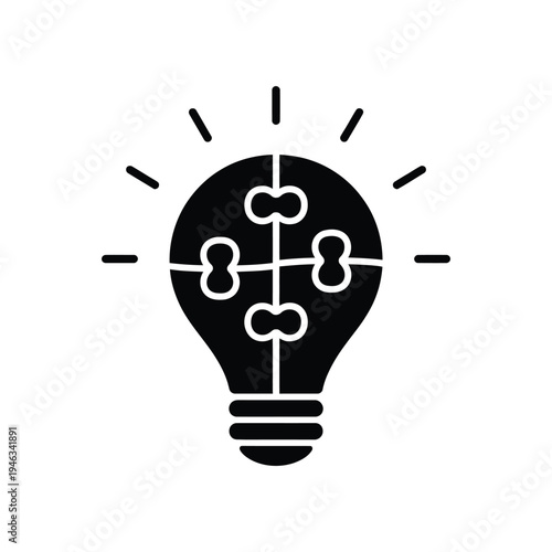 Minimal line icon, light bulb split into puzzle pieces, representing innovation, problem solving, critical thinking, solution design, creative workflow concept.