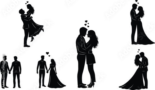 Romantic couples silhouettes in affectionate poses with hearts, including lifting, holding hands, embracing, and kissing, symbolizing love, intimacy, marriage, and relationship illustration design