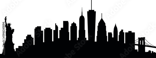 New York City skyline silhouette featuring Statue of Liberty, Brooklyn Bridge and Manhattan skyscrapers panoramic urban cityscape isolated on light background