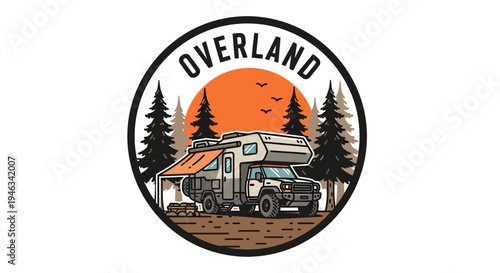 Overland adventure vehicle with pop-up camper in a forest setting at sunset.
