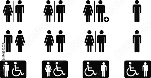 Collection of Universal Restroom Icons and Gender Neutral Toilet Signs Featuring Male Female Disabled and All Gender Symbols Isolated on White Background for Wayfinding