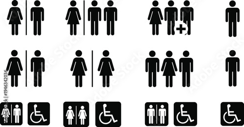 Large Vector Set of Universal Restroom Icons and Gender Neutral Toilet Signs Featuring Male Female Disabled and All Gender Symbols Isolated on White Background