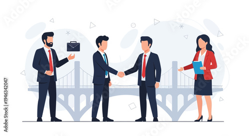 Business people shaking hands, agreement, partnership, bridge background, teamwork