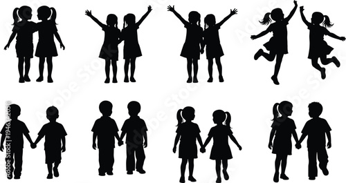 Silhouettes of ten pairs of children holding hands, jumping, and playing together, symbolizing friendship, joy, innocence, camaraderie, and childhood fun in expressive poses