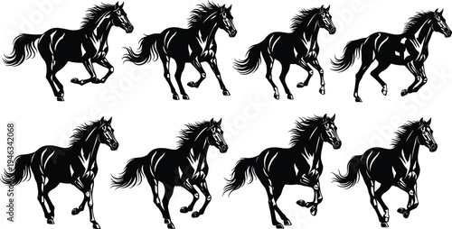 Vector Silhouette Illustration Set of Majestic Black Horses Galloping and Running in Different Poses Isolated on White Background for Equestrian and Nature Graphic Design