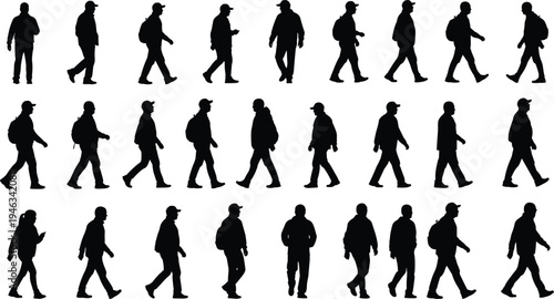 Vector Silhouette Illustration Set of Adult Men Wearing Caps and Backpacks Walking in Profile View Isolated on White Background for Travel and Lifestyle Design
