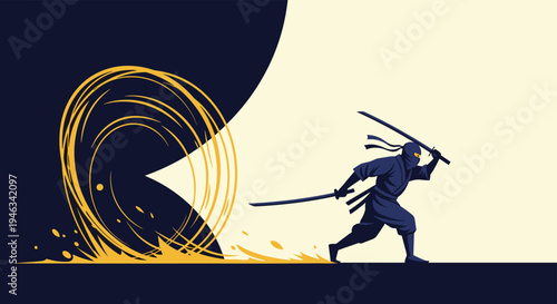 Action illustration of a ninja warrior wielding two swords while running towards a bright glowing portal.